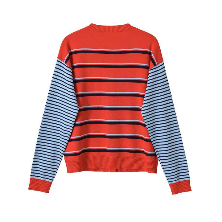 Damen Gestreifte Strickjacke mit Rundhals und Knopfverschluss Echoarchiv