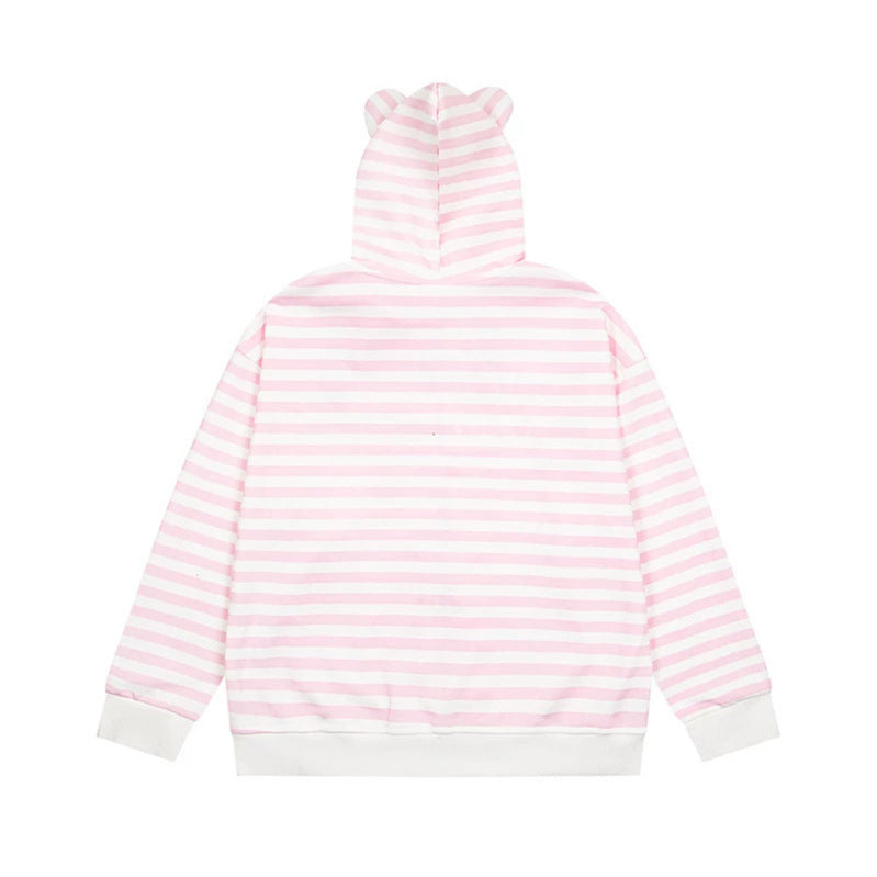 Damen Gestreifte Kapuzen-Sweatjacke mit Teddy-Anhänger, Ohren-Kapuze und Stickdetail Echoarchiv