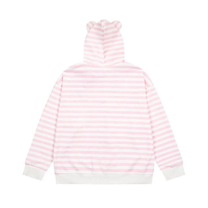 Damen Gestreifte Kapuzen-Sweatjacke mit Teddy-Anhänger, Ohren-Kapuze und Stickdetail Echoarchiv