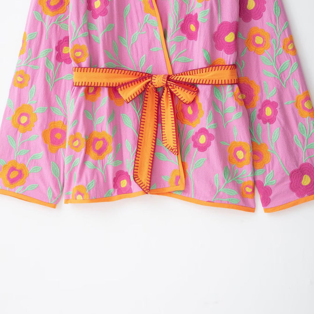 Damen Bestickte Kimono-Jacke mit Taillenbindegürtel und floraler Stickerei Echoarchiv