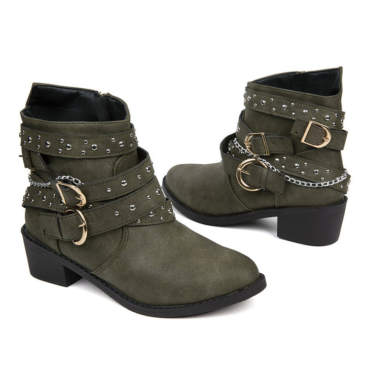 Damen nan knöchelhohe Biker-Stiefelette mit Nietenriemen, Ketten- und Dornschließen-Details Echo Archiv