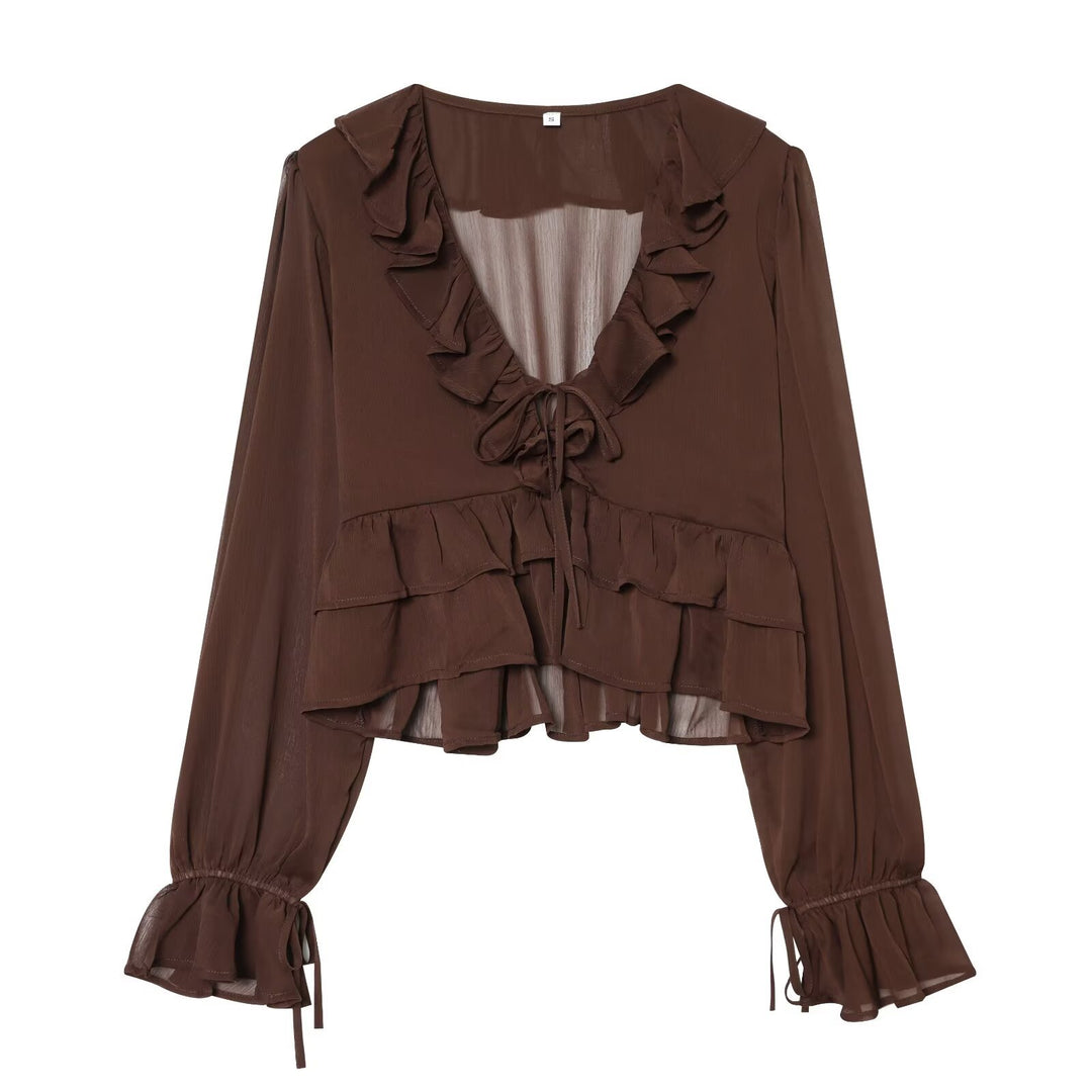 Damen Chiffon-Croppedbluse mit Rüschenvolant, Bindeband und Ballonärmeln Echo Archiv