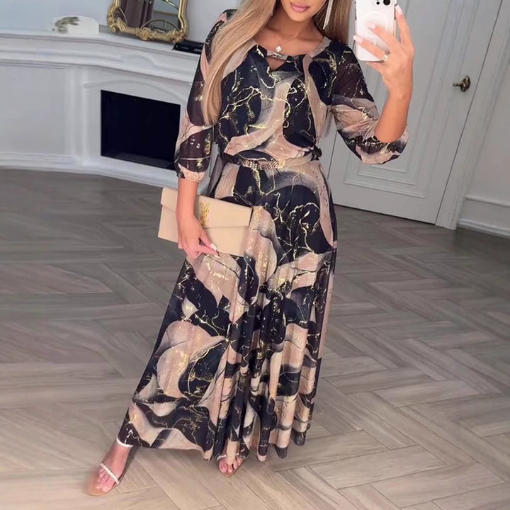 Maxikleid für Damen im fließenden Chiffon-Look mit abstraktem Marmorprint und 3/4-Ärmeln – Valéora