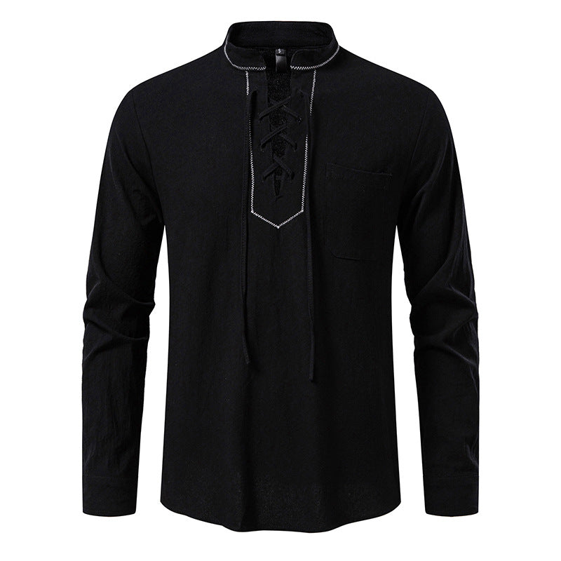 Herren Langarmshirt mit hochwertigem Stehkragen und dekorativer Schnürung Echoarchiv