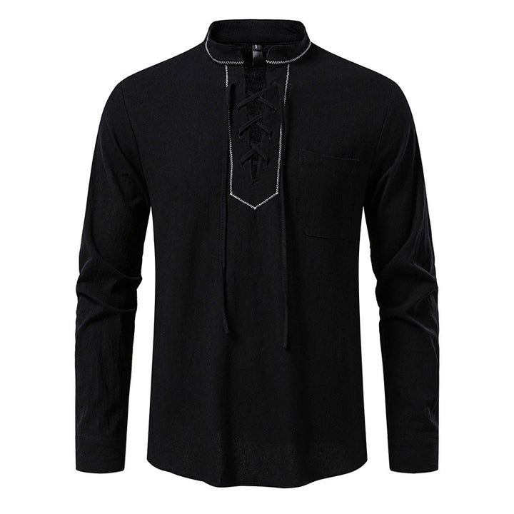 Herren Langarmshirt mit hochwertigem Stehkragen und dekorativer Schnürung Echoarchiv