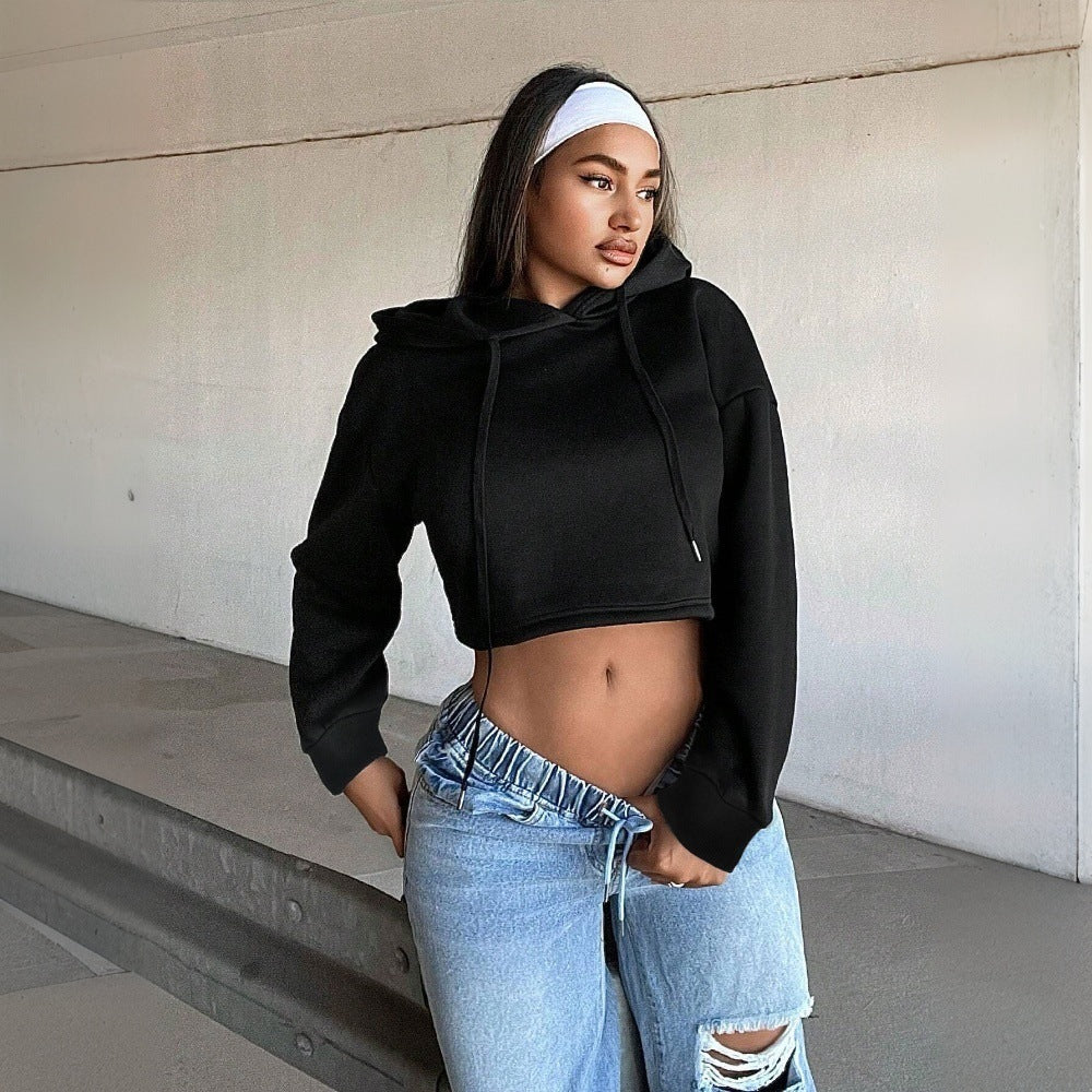 Damen kurzes Kapuzen-Sweatshirt Cropped-Hoodie mit Kordelzug gerippten Bündchen und lässiger Oversize-Passform – Auréline