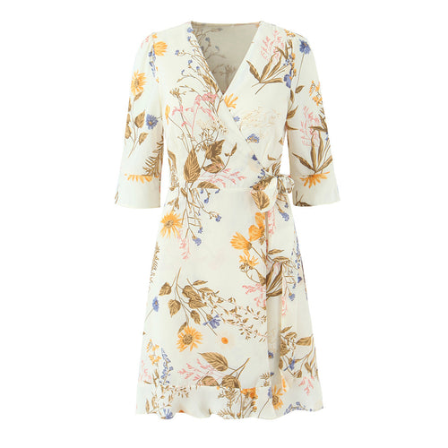 Damen Wickelkleid mit V‑Ausschnitt, Bindegürtel und Dreiviertelärmeln Echo Archiv