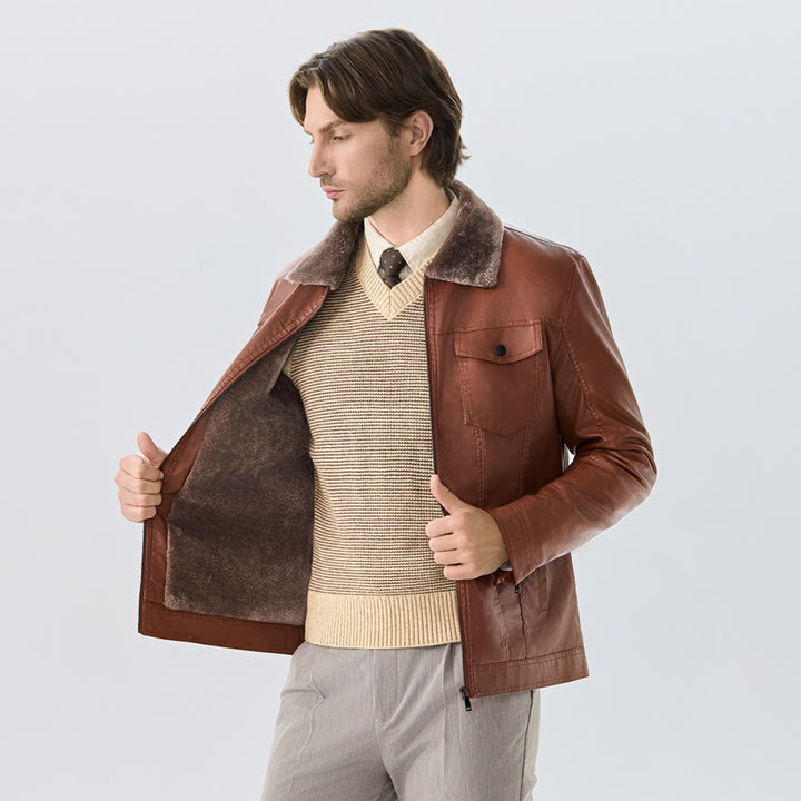 Herren Elegante Lederjacke mit Fleece-Kragen Echoarchiv