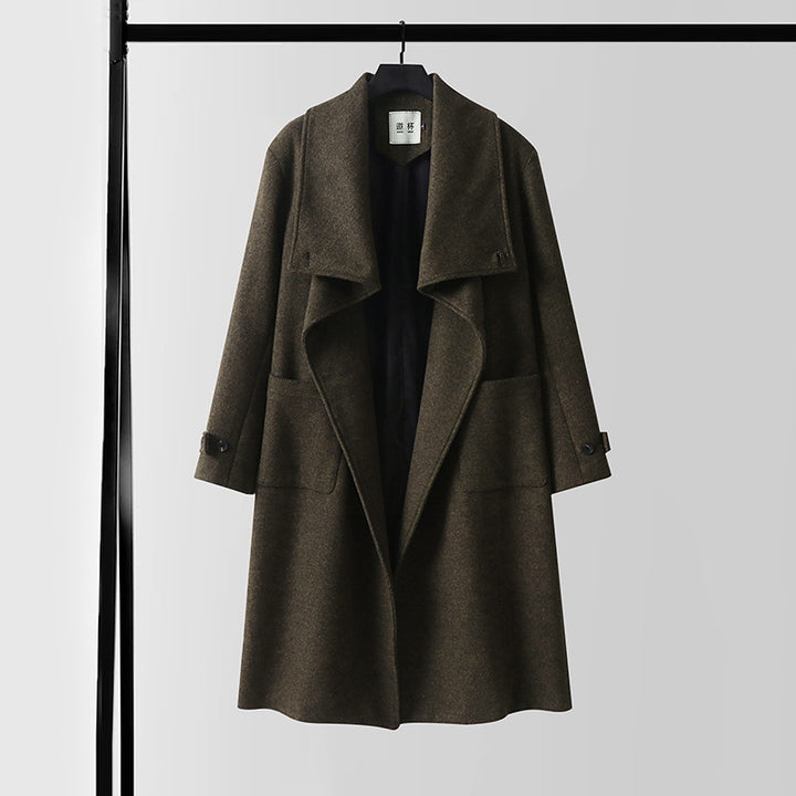 Damen Eleganter langer Wollmix-Cocoon-Mantel mit überlappendem Schalkragen und aufgesetzten Taschen Echoarchiv