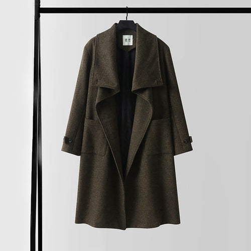 Damen Eleganter langer Wollmix-Cocoon-Mantel mit überlappendem Schalkragen und aufgesetzten Taschen Echoarchiv