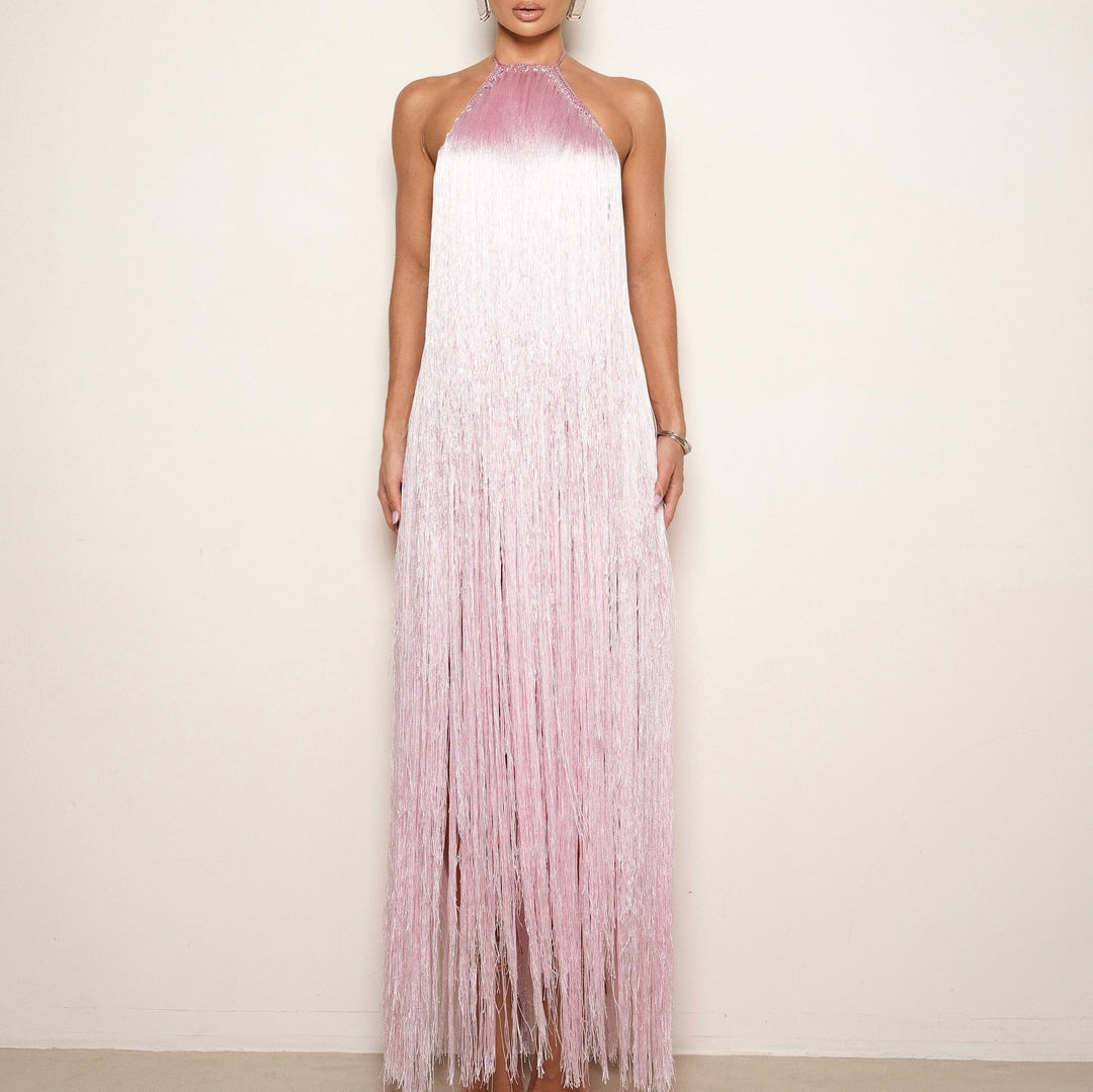 Damen Fransen Maxikleid mit hochgeschlossenem Design und schimmernden Effekten Echo Archiv