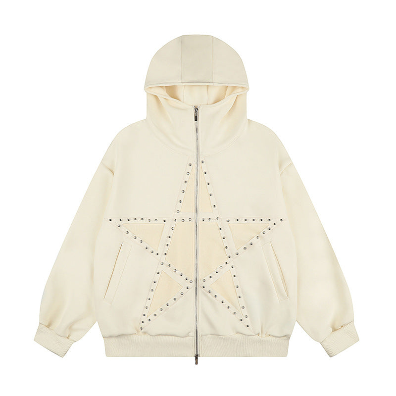 Damen Oversize Kapuzen-Zipjacke mit Nieten-Sternmotiv und hohem Kragen Echoarchiv