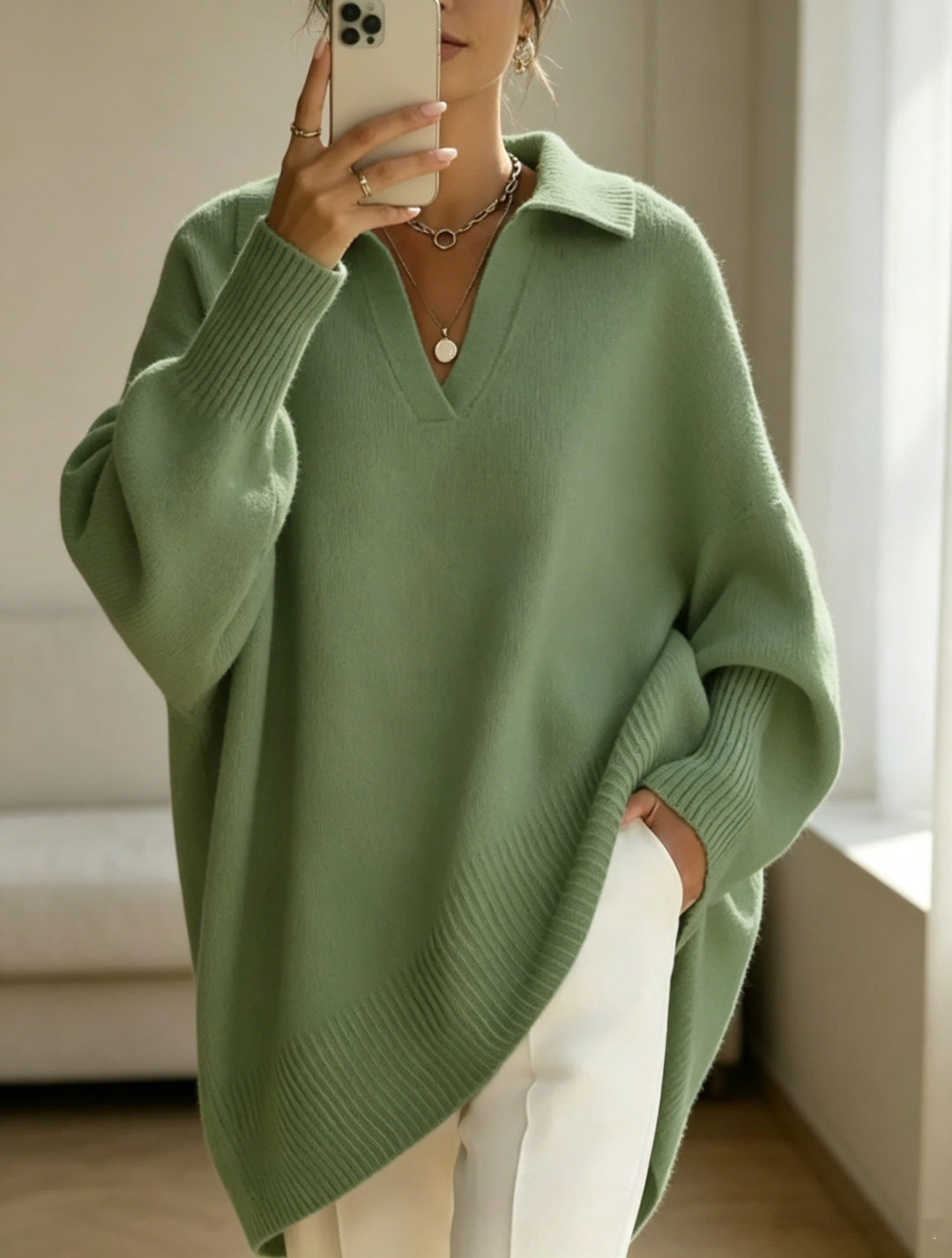 Damen Oversize-Polokragen V-Ausschnitt Strickpullover mit Ballonärmeln – Mavelle