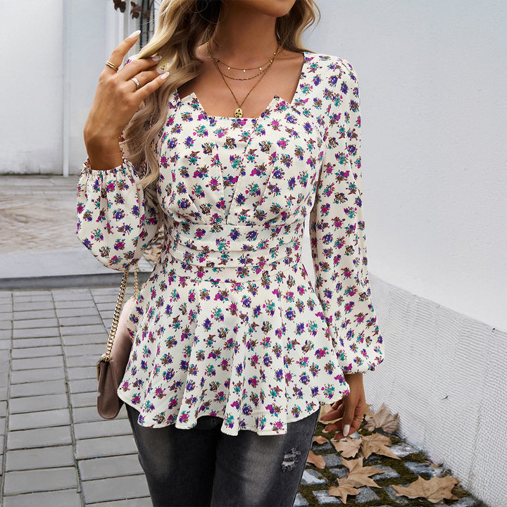 Damen nan taillierte Blumenbluse mit quadratischem Ausschnitt, Raffung und Schößchen-Silhouette Echo Archiv