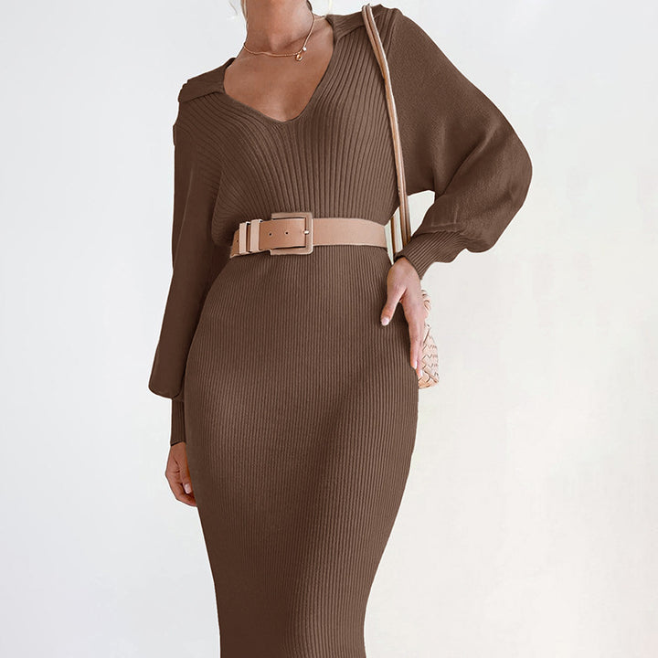 Damen Elegantes Strickkleid mit V-Ausschnitt und Taillengürtel Echo Archiv