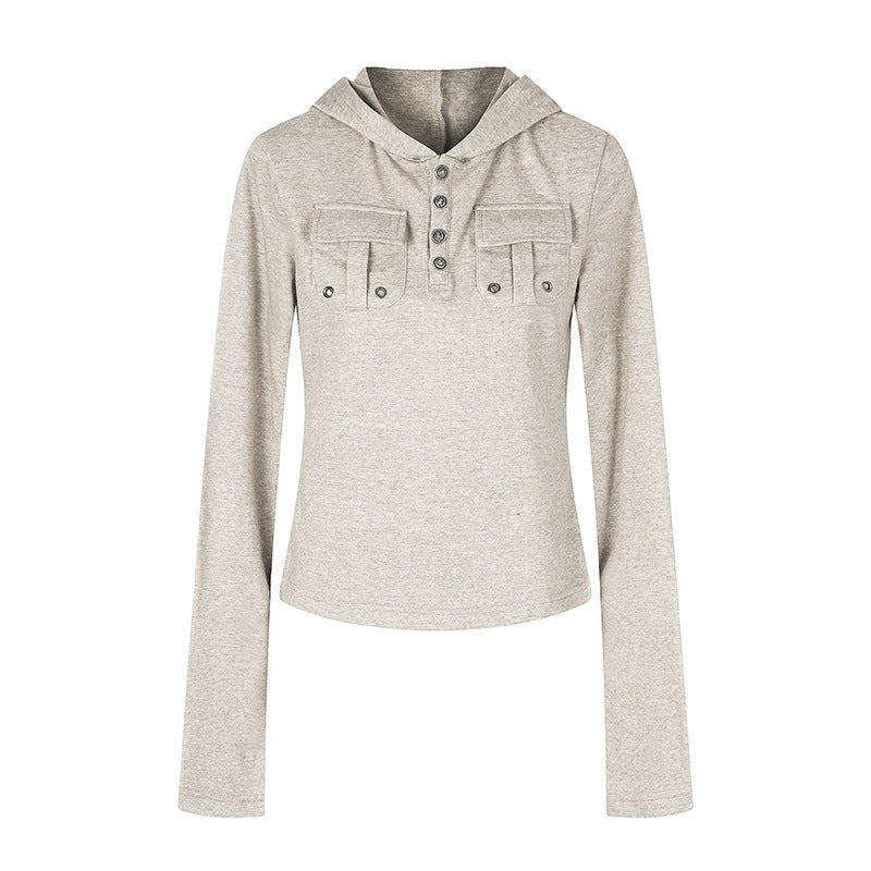 Damen Leichtes Kapuzen-Langarmshirt mit Henley-Knopfleiste und aufgesetzten Brusttaschen Echoarchiv