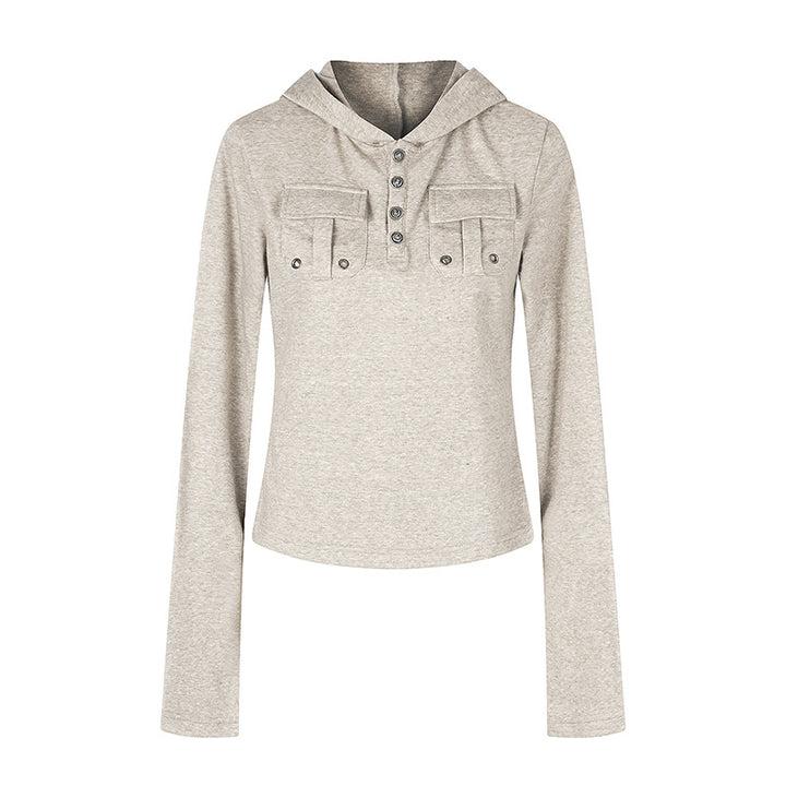 Damen Leichtes Kapuzen-Langarmshirt mit Henley-Knopfleiste und aufgesetzten Brusttaschen Echoarchiv