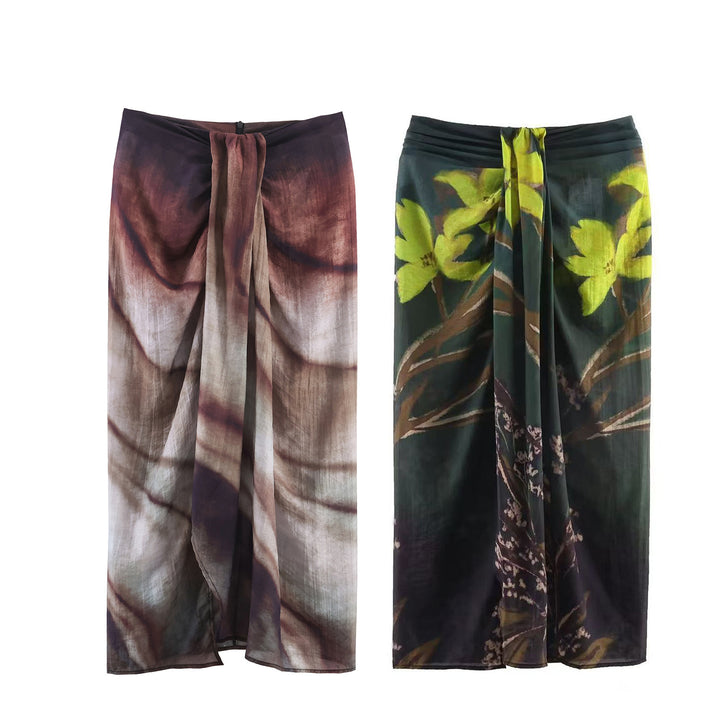 Damen fließender Maxirock mit Drapierung am Bund und floralem Aquarellprint – Valéora