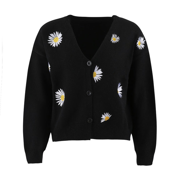 Damen Kurzgeschnittener V-Ausschnitt-Strickcardigan mit gestickten Gänseblümchen und Rippbündchen Echo Archiv