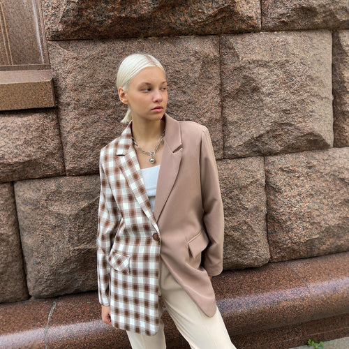 Damen Zweifarbiger Oversize-Blazer mit Karomuster und Reverskragen Echoarchiv