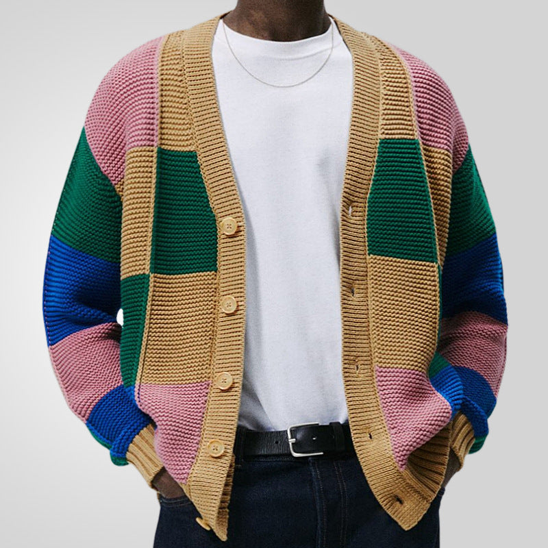 Herren Strickjacke mit buntem Blockmuster und bequemen Knöpfen Echoarchiv