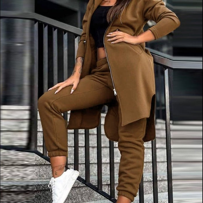 Damen Kapuzenmantel und High-Waist Jogginghose Lounge-Set – Montévia