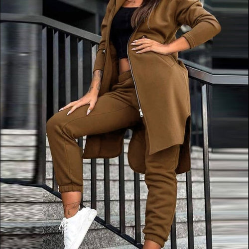Damen Kapuzenmantel und High-Waist Jogginghose Lounge-Set – Montévia