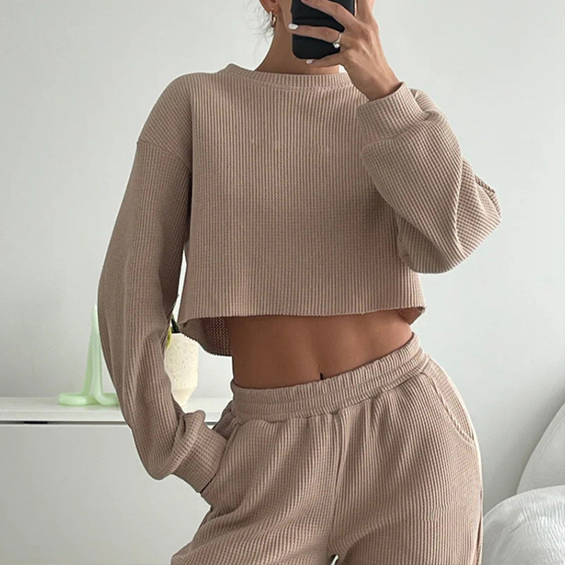 Damen geripptes Cropped-Lounge-Set mit Ballonärmeln und High-Waist Palazzo-Hose – Élanora