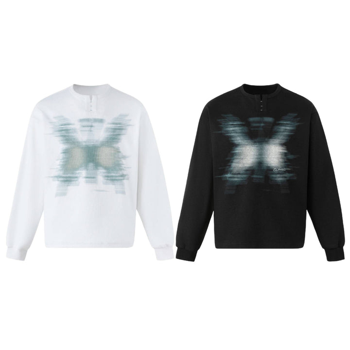 Unisex Oversize Sweatshirt mit kurzem Henley‑Placket und verschwommenem Grafikprint Echoarchiv