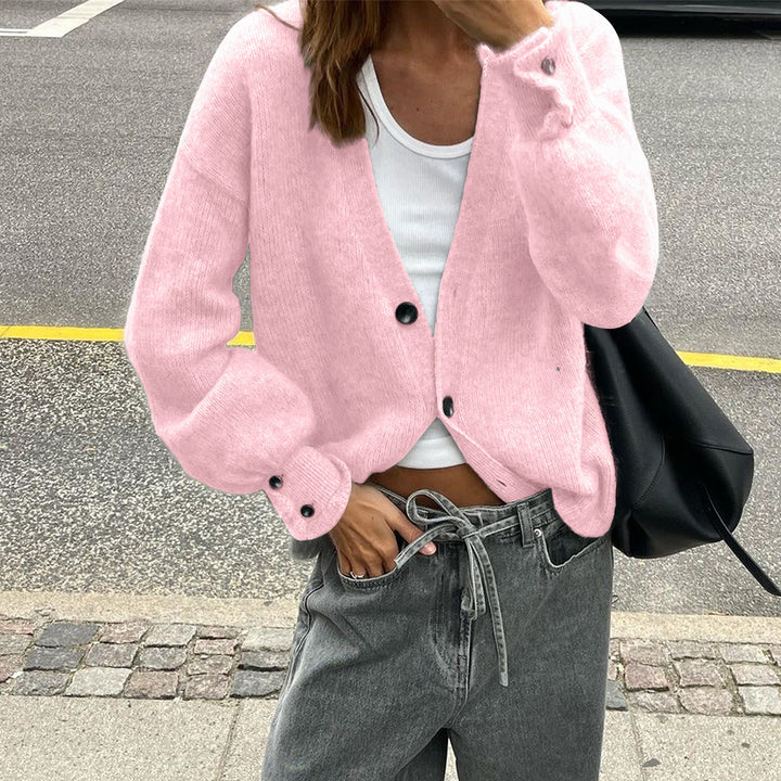 Damen lässige Strickjacke mit tiefem V-Ausschnitt, aufgesetzten Knopfleisten und Ballonärmeln – Veloura