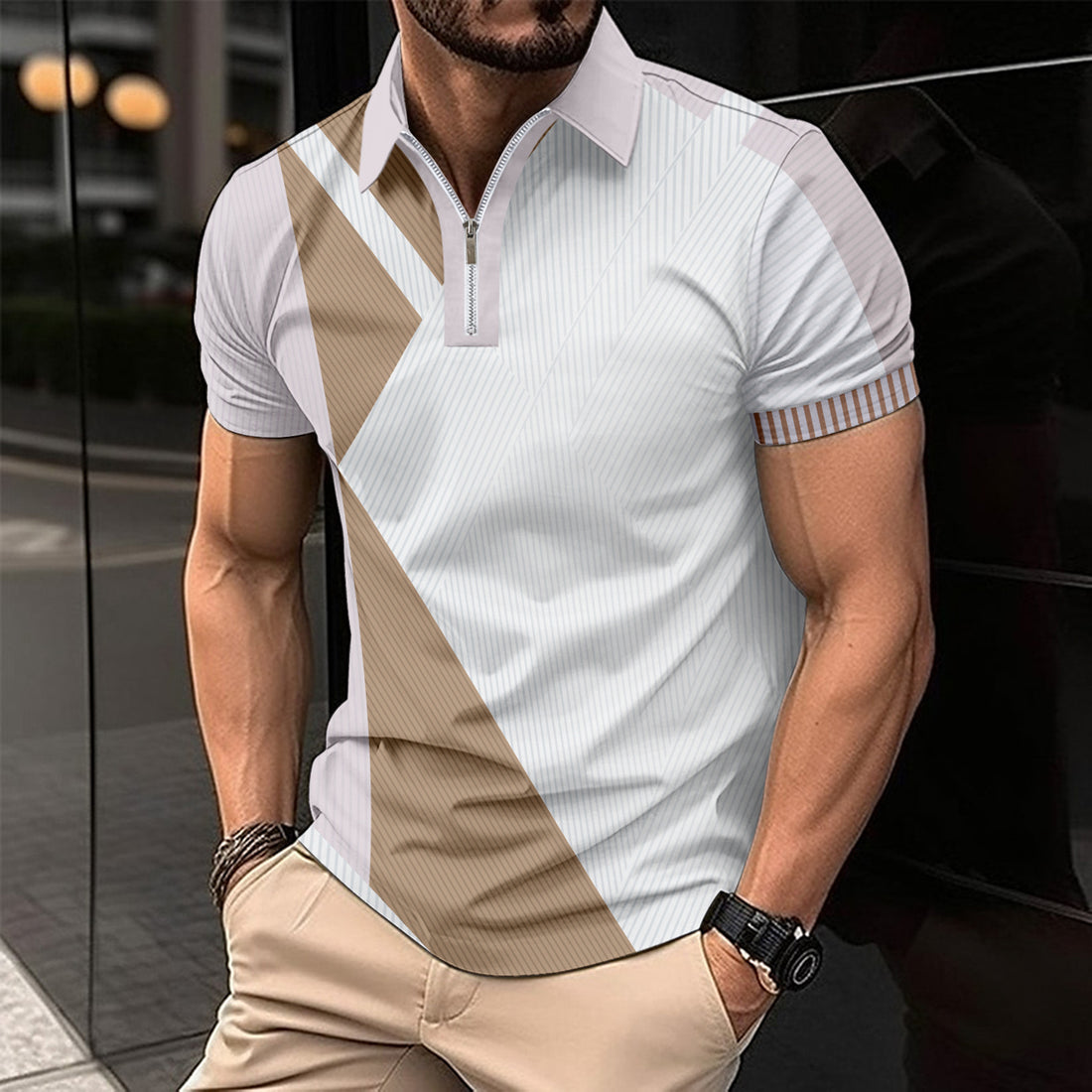 Herren Kurzarm Poloshirt mit modernem Grafikdesign und sportlichem Reißverschluss – Cavello