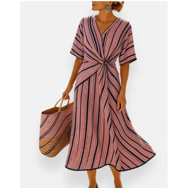 Damen Maxikleid mit V-Ausschnitt, seitlichem Knoten und Kontrastpaspeln Echoarchiv