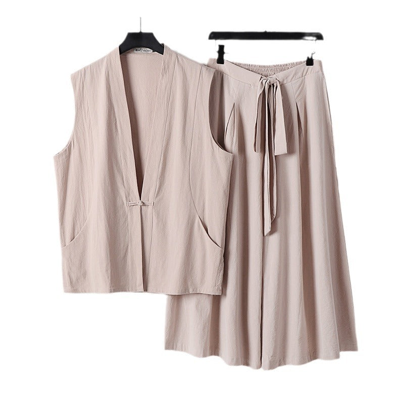 Damen Ärmelloses Kimono-Loungewear-Set aus leichtem Viskose-Leinen mit Bindeweste und weiten Palazzo-Hose Echoarchiv