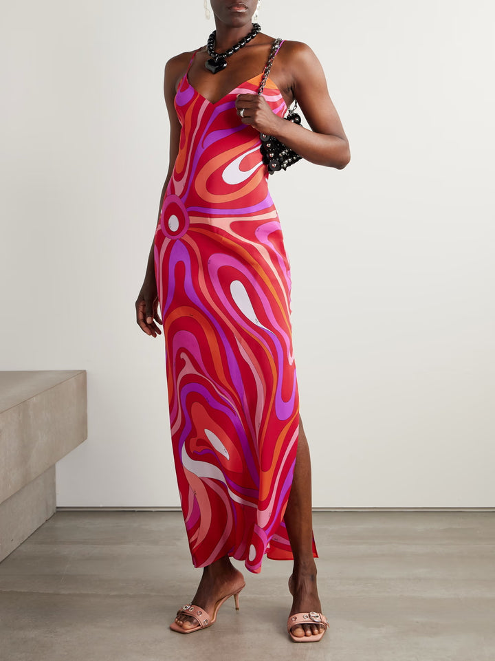 Damen nan elegantes Slip-Maxikleid mit V-Ausschnitt, filigranen Spaghettiträgern und retro-grafischem Allover-Print Echo Archiv