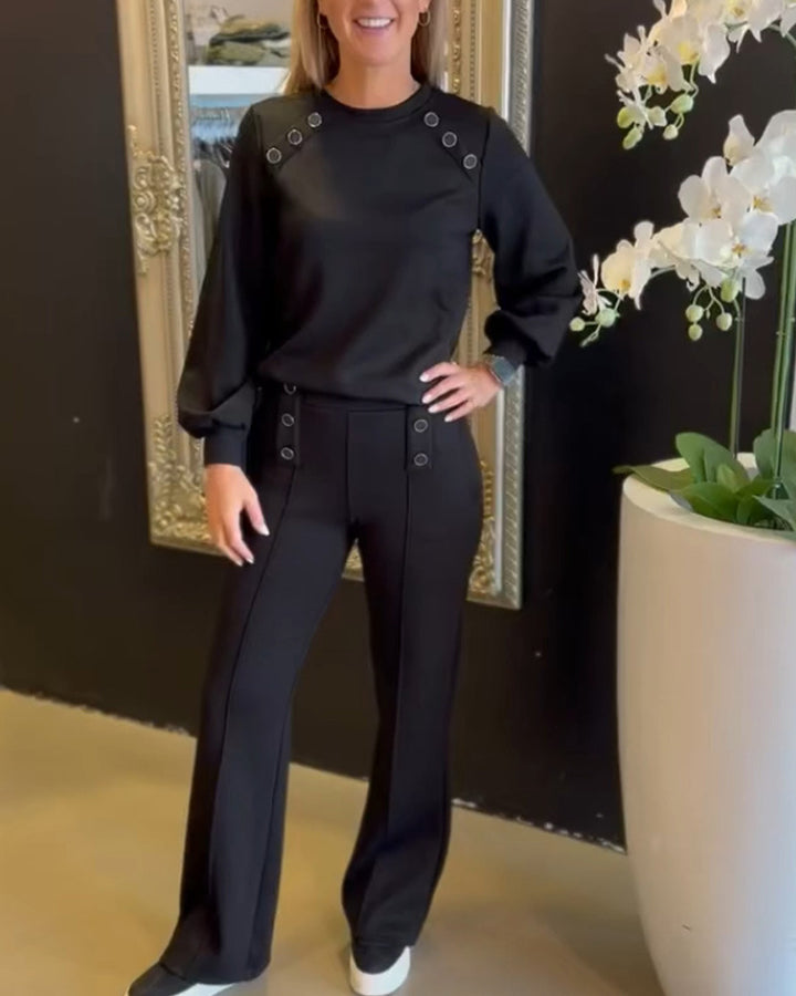 Damen nan sportlich-elegantes Jersey-Zweiteiler mit Ösenverzierung, hochgeschnittener Bundhose im Marlene-Schnitt Echo Archiv