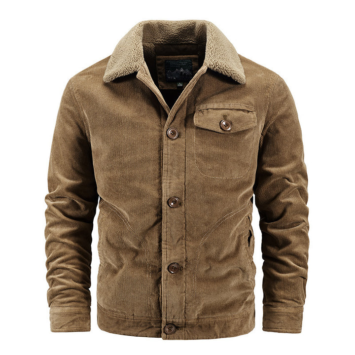 Herren Cord-Truckerjacke mit wärmendem Sherpa-Kragen und Holzknopffront – Taviero