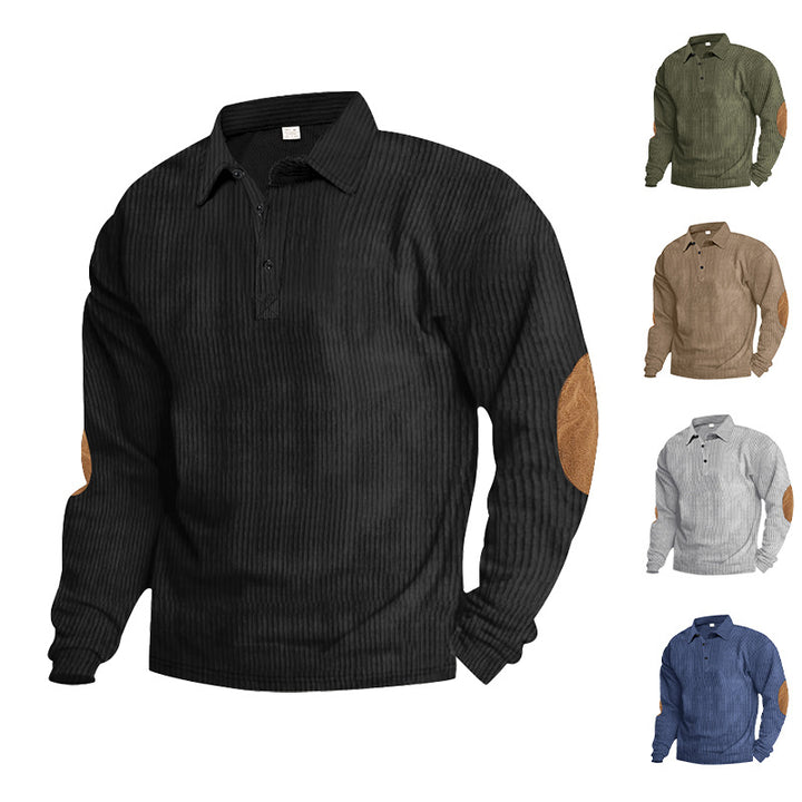Herren lässiges Langarm-Henley-Shirt mit strukturiertem Rippenstoff und kontrastierenden Ellbogenpatches Echoarchiv