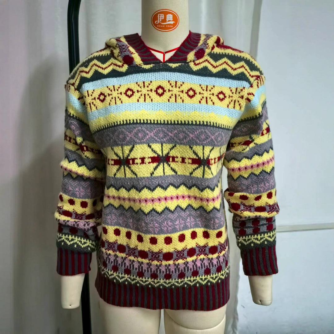 Damen nan oversized Strickkapuzenpullover mit Norwegermuster, gefütterter Kapuze und gerippten Bündchen Echo Archiv