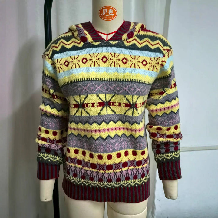 Damen nan oversized Strickkapuzenpullover mit Norwegermuster, gefütterter Kapuze und gerippten Bündchen Echo Archiv