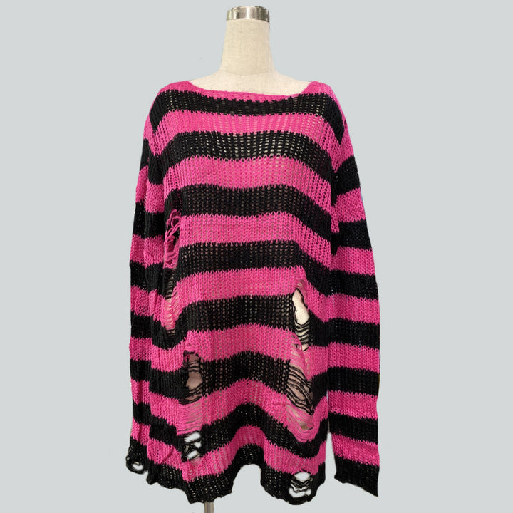 Damen nan Oversized Grobstrickpullover mit breiten Blockstreifen und aufgerissenem Design Echo Archiv