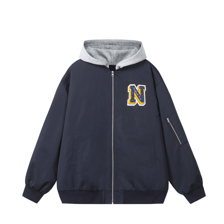 Unisex Boxy-Mehrlagige Bomberjacke mit integrierter Kapuze und Collegiate-Patch Echoarchiv