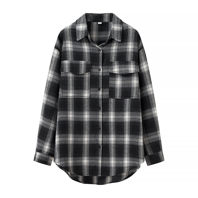 Damen Oversize‑Karo‑Hemdbluse mit aufgesetzten Brusttaschen und abgerundetem Saum Echo Archiv