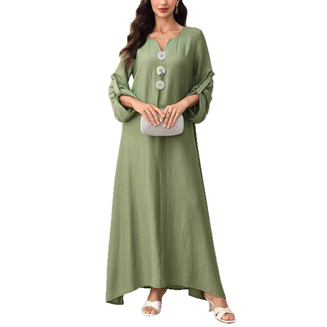 Damen Maxikleid mit Zierknöpfen, V-Ausschnitt und krempelbaren 3/4-Ärmeln – Avérine
