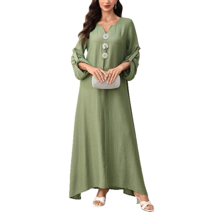 Damen Maxikleid mit Zierknöpfen, V-Ausschnitt und krempelbaren 3/4-Ärmeln – Avérine