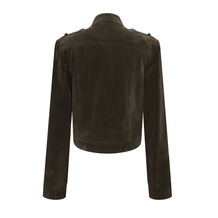 Damen Kurze Veloursleder-Bikerjacke mit asymmetrischem Reißverschluss und Stehkragen Echoarchiv
