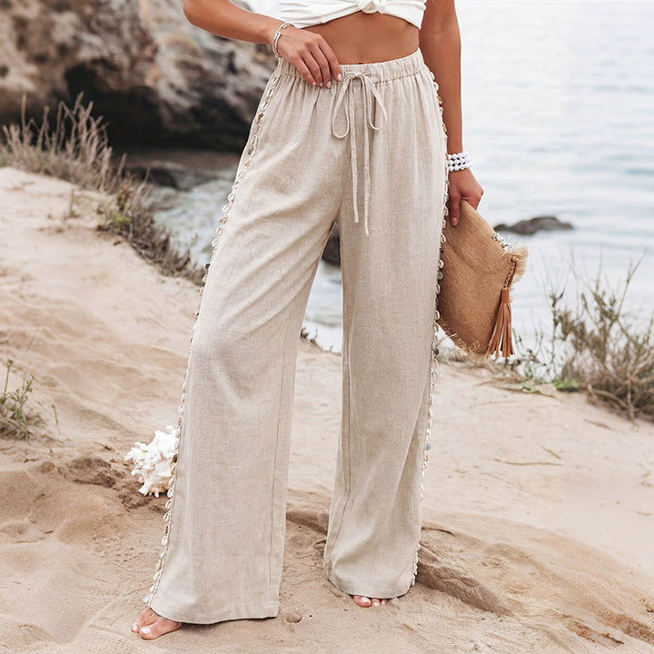 Damen Leichte Leinenhose mit weitem Bein, Kordelzug und geflochtenem Seitendetail Echoarchiv