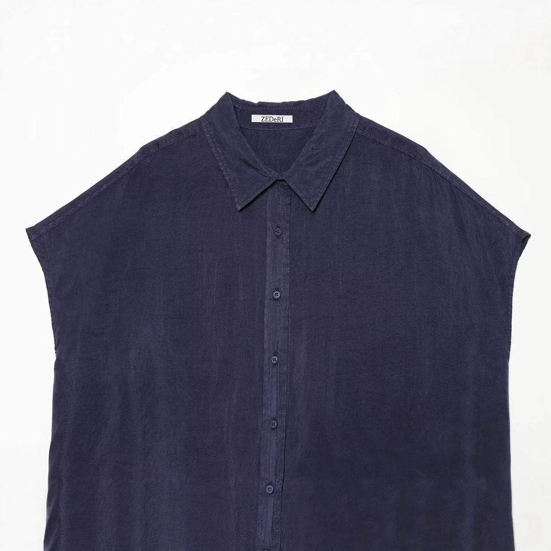 Damen Oversize Ärmellose Hemdbluse aus Leinenoptik mit durchgehender Knopfleiste Echo Archiv