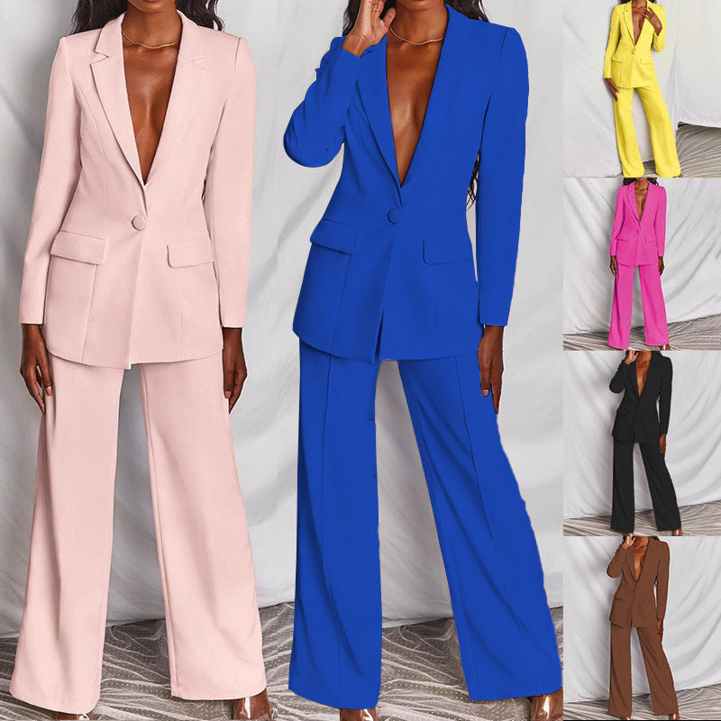 Damen nan eleganter taillierter Zweiteiler mit tiefem V-Revers, Ein-Knopf-Blazer und weiten Bundfaltenhosen Echo Archiv