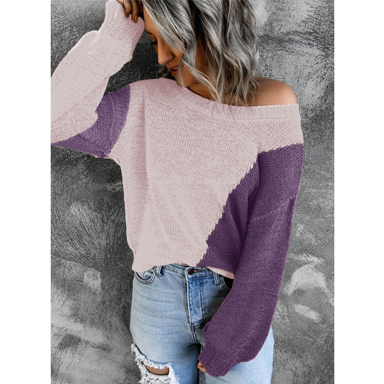 Damen Oversize Strickpullover mit Carmenausschnitt und Colorblock-Design Echoarchiv
