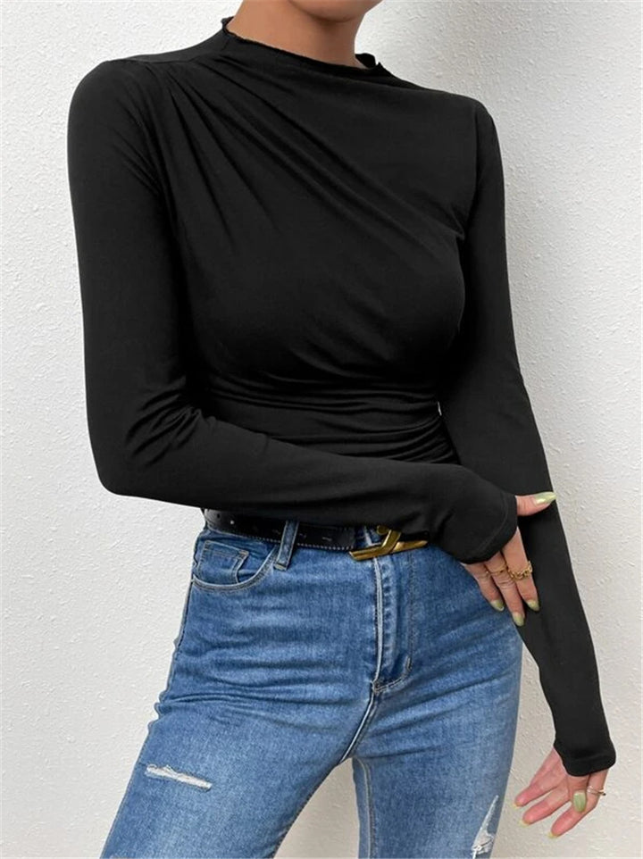 Damen Figurbetontes Langarmshirt mit Seitlicher Raffung und Drapée-Detail – Avérine